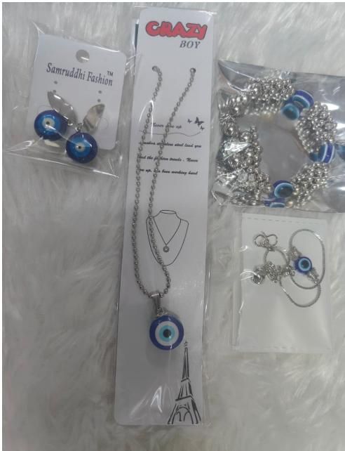 Classy Evil Eye combo (Pack of 4)| 1 Chain Pendant, 1 Pair of Earing | 1 Adjustable Bracelet and 1 Anklet