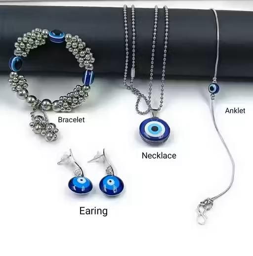 Classy Evil Eye combo (Pack of 4)| 1 Chain Pendant, 1 Pair of Earing | 1 Adjustable Bracelet and 1 Anklet