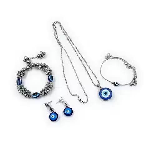 Classy Evil Eye combo (Pack of 4)| 1 Chain Pendant, 1 Pair of Earing | 1 Adjustable Bracelet and 1 Anklet